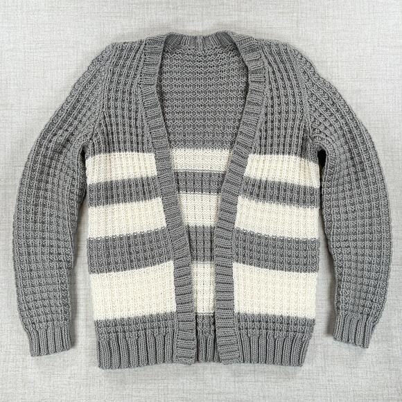 Open Front Chunky Knit Striped Cardigan Med to Sm Gray White Grunge Grandpa - Picture 1 of 6